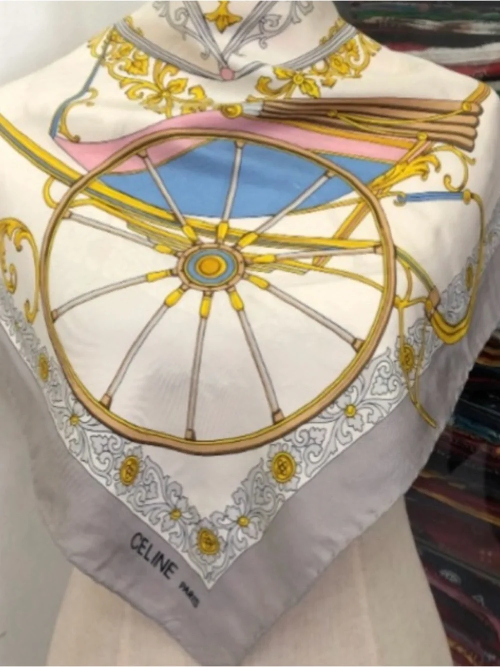 Celine classic carriage Silk Scarf in White, Gold, Blue & Pink 17in x 17in